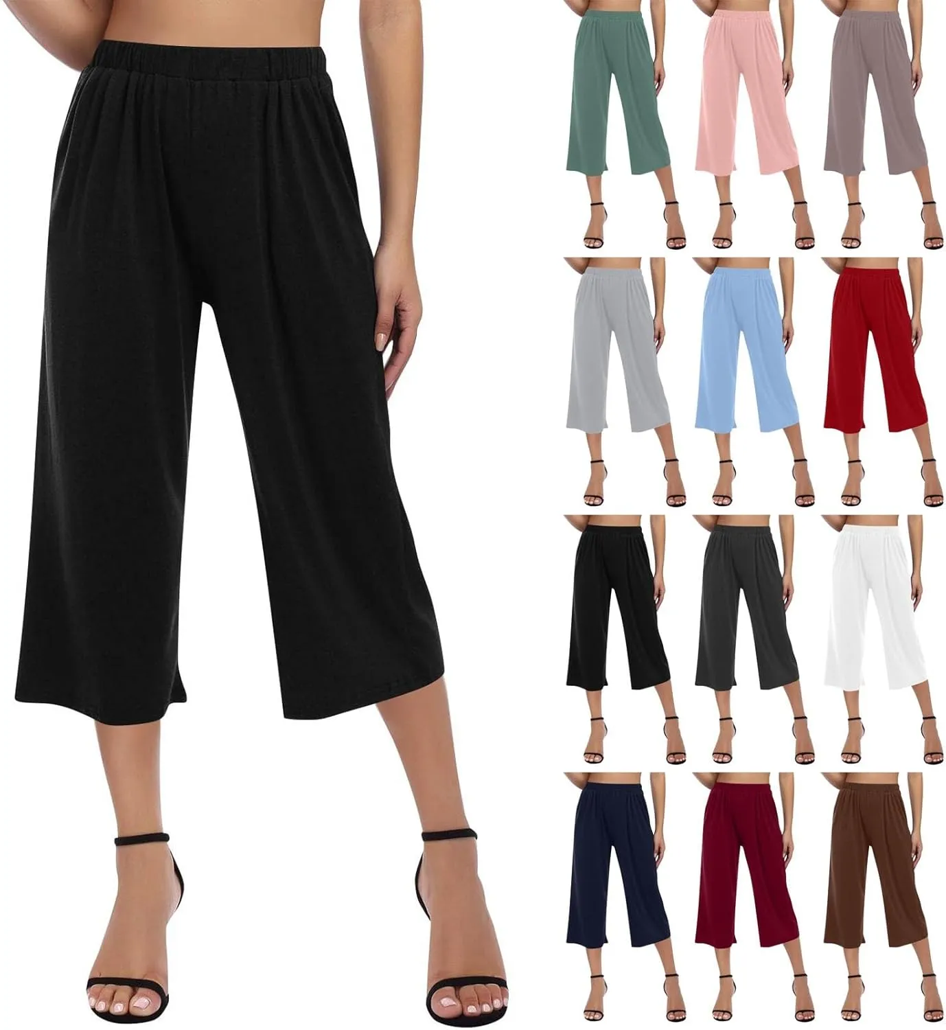 2025 Womens Capri Pants Loose High Waisted Wide Leg 3/4 Pants Drawstring Casual Palazzo Trousers with Pockets