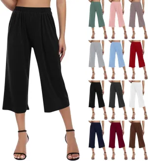 2025 Womens Capri Pants Loose High Waisted Wide Leg 3/4 Pants Drawstring Casual Palazzo Trousers with Pockets