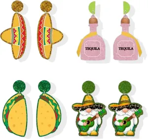 4 Pairs Cinco De Mayo Earrings for Women Mexican Fiesta Earrings Cute Funny Fiesta Pepper Racket Rainbow Horse Hat Earrings Mexican Festival Fiesta Shirts Outfits
