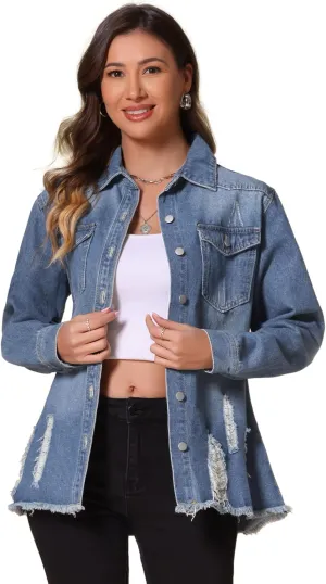 Allegra K Women's Denim Jacket Casual Long Sleeve Frayed Hem 2025 Wash Outfits Ripped Distressed Jean Jackets