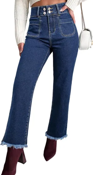 Astylish Womens Wide Leg Jeans High Waisted Double Button Stretchy Frayed Hem Straight Jean Loose Trendy Denim Pants