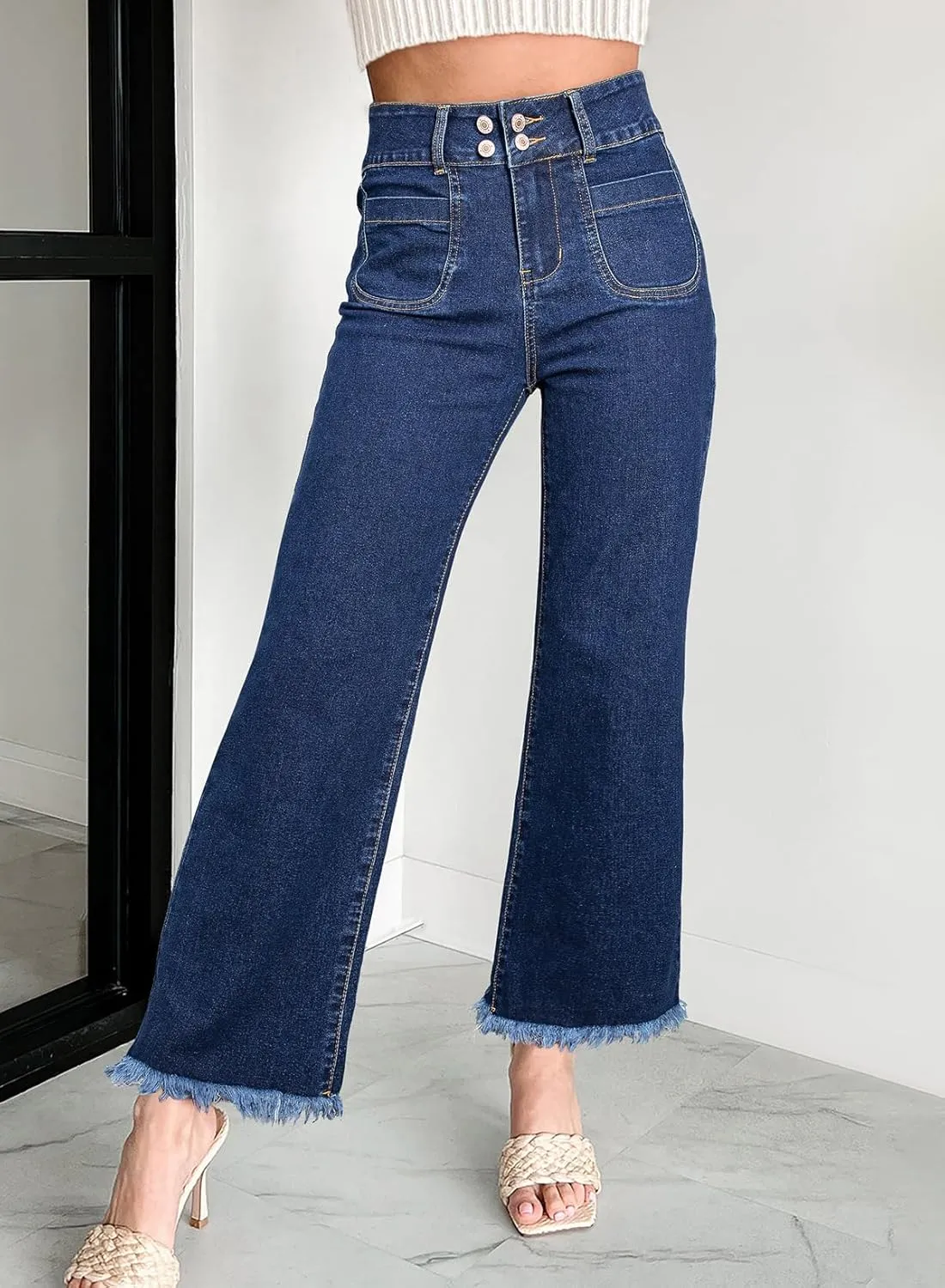 Astylish Womens Wide Leg Jeans High Waisted Double Button Stretchy Frayed Hem Straight Jean Loose Trendy Denim Pants