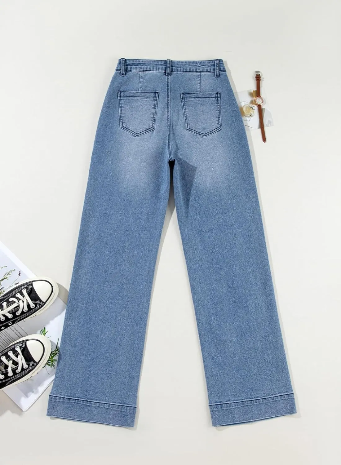 Astylish Womens Wide Leg Jeans High Waisted Double Button Stretchy Frayed Hem Straight Jean Loose Trendy Denim Pants