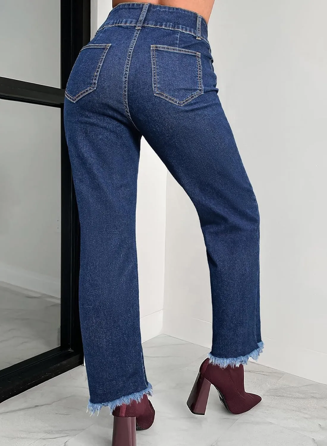 Astylish Womens Wide Leg Jeans High Waisted Double Button Stretchy Frayed Hem Straight Jean Loose Trendy Denim Pants