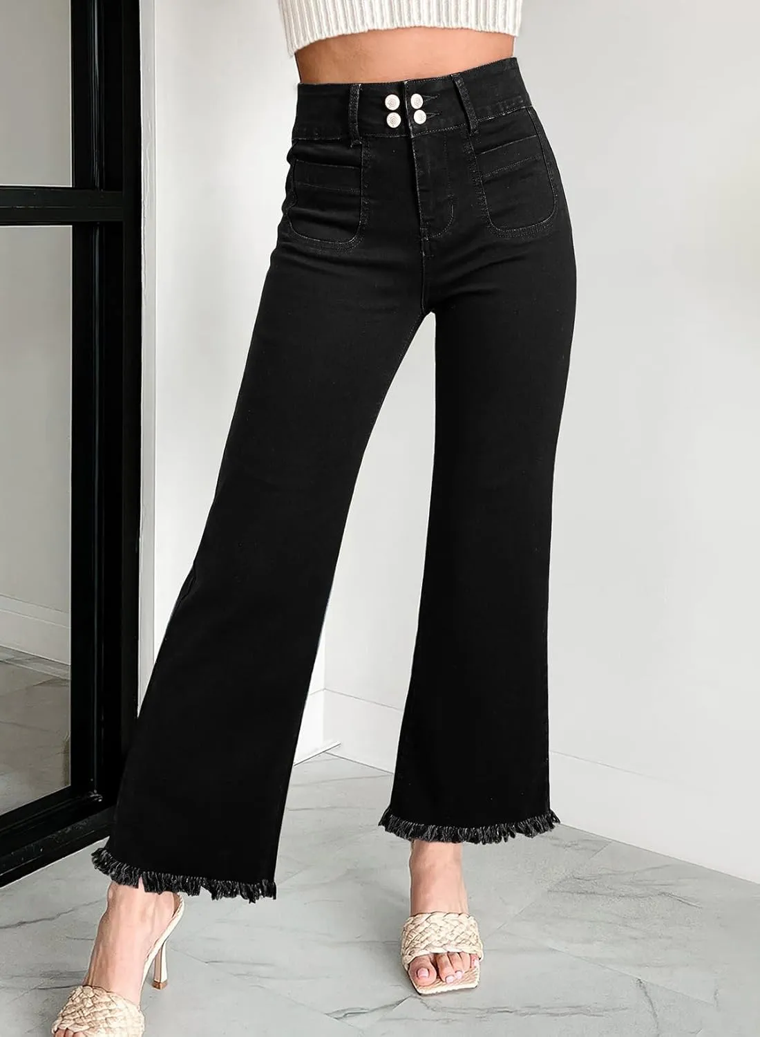 Astylish Womens Wide Leg Jeans High Waisted Double Button Stretchy Frayed Hem Straight Jean Loose Trendy Denim Pants