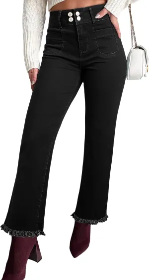 Astylish Womens Wide Leg Jeans High Waisted Double Button Stretchy Frayed Hem Straight Jean Loose Trendy Denim Pants
