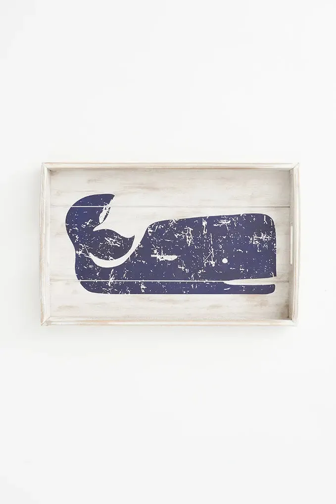 Bandeja de madera rectangular con ballena azul