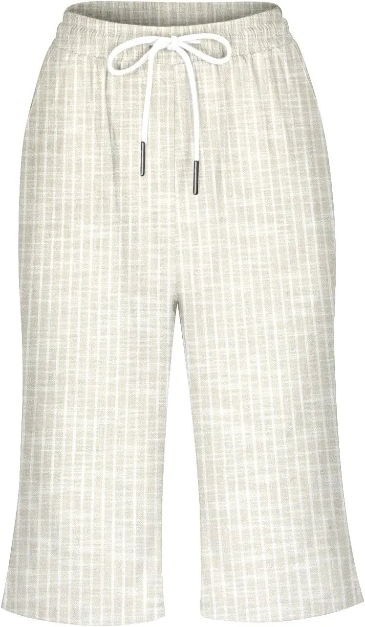 Bermuda Shorts for Women Knee Length Trendy Linen Shorts Casual Summer Plus Size Stripe Lounge Short with Pockets