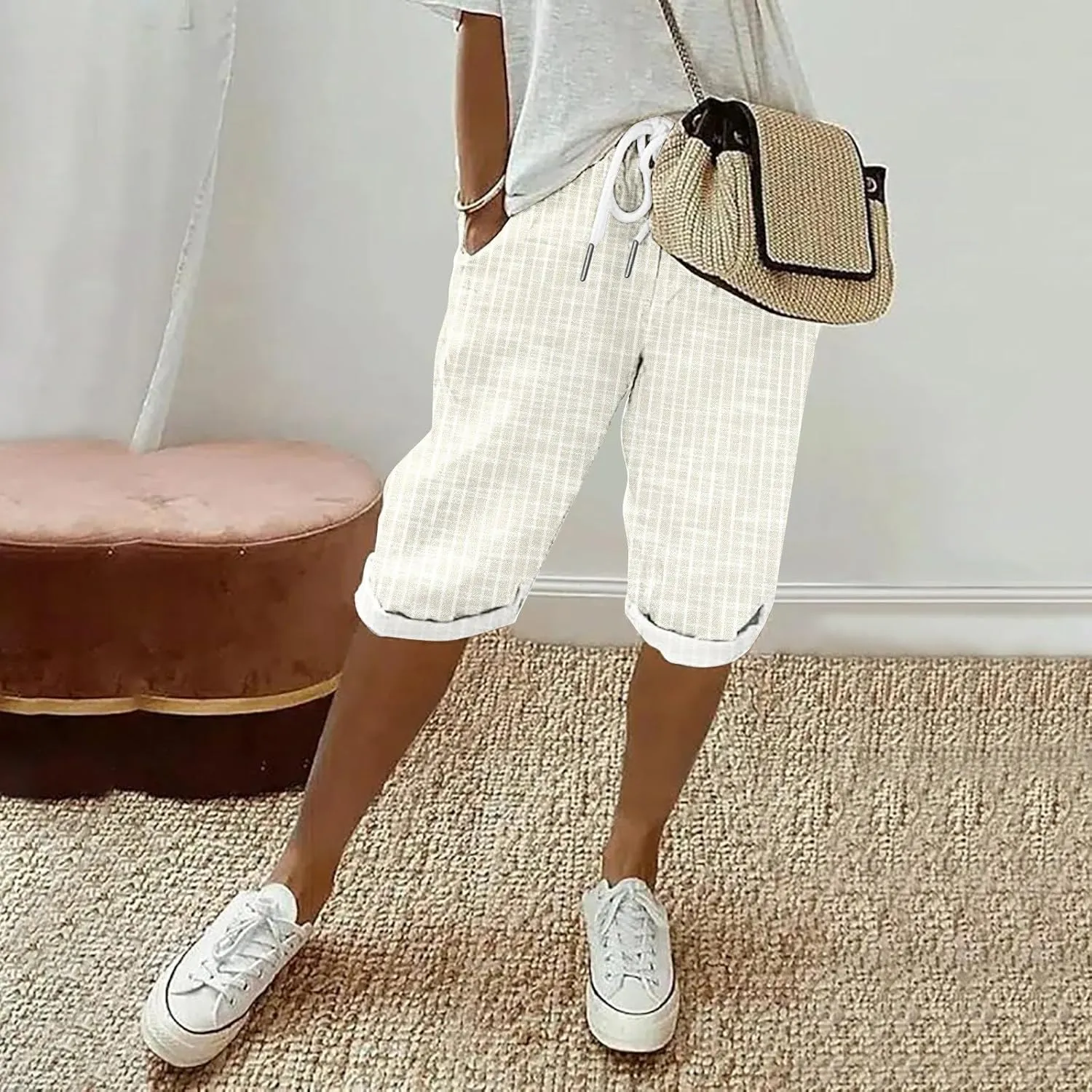 Bermuda Shorts for Women Knee Length Trendy Linen Shorts Casual Summer Plus Size Stripe Lounge Short with Pockets