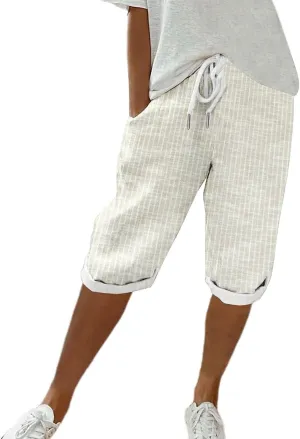 Bermuda Shorts for Women Knee Length Trendy Linen Shorts Casual Summer Plus Size Stripe Lounge Short with Pockets