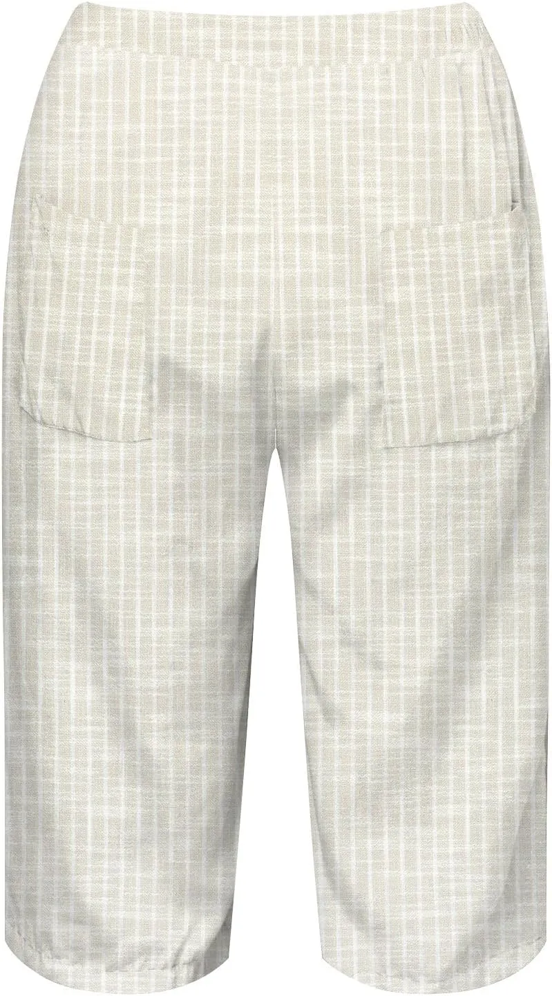 Bermuda Shorts for Women Knee Length Trendy Linen Shorts Casual Summer Plus Size Stripe Lounge Short with Pockets