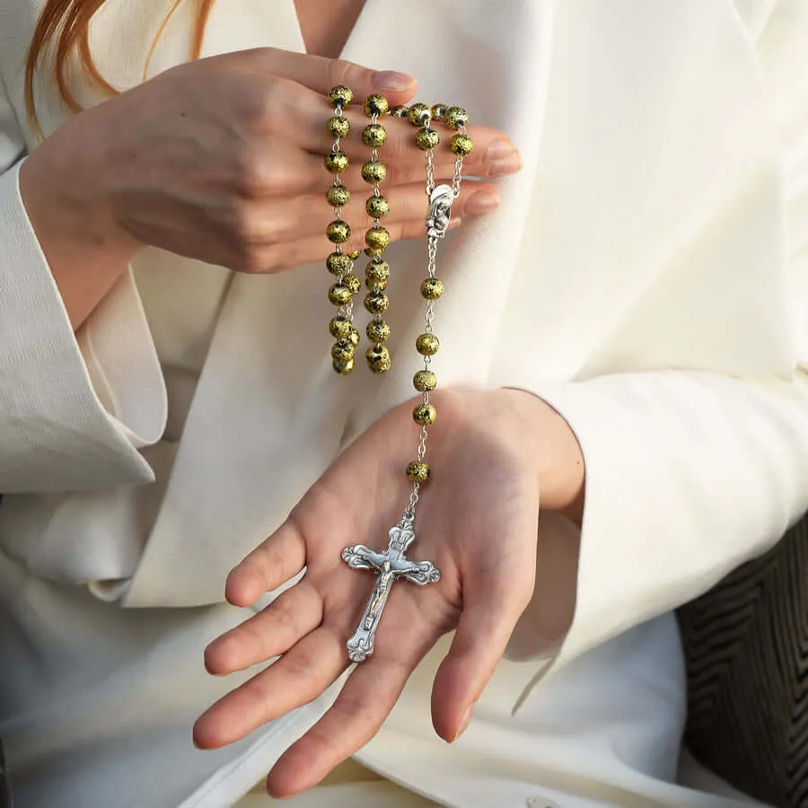 BLACK AND GOLD ROSARY - GLASS AND METAL