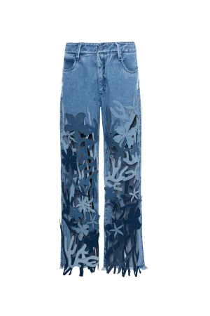 Calça Jeans Cós Baixo Com Recortes Fundo Do Mar