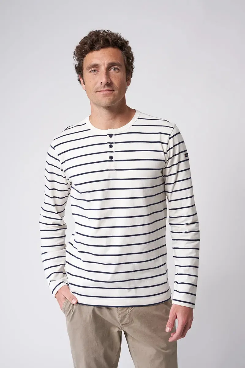 Camiseta a rayas de algodón manga larga con botones - A2174
