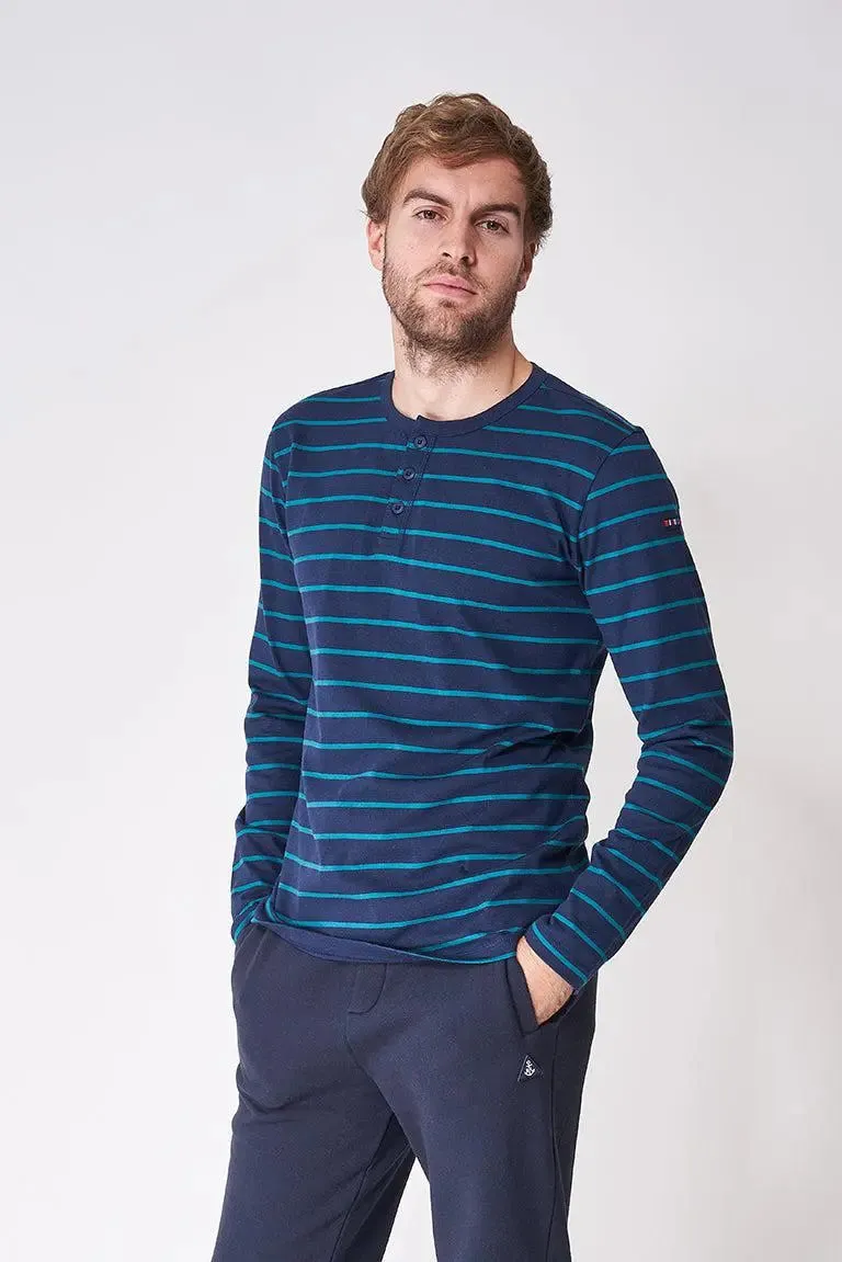 Camiseta a rayas de algodón manga larga con botones - A2174