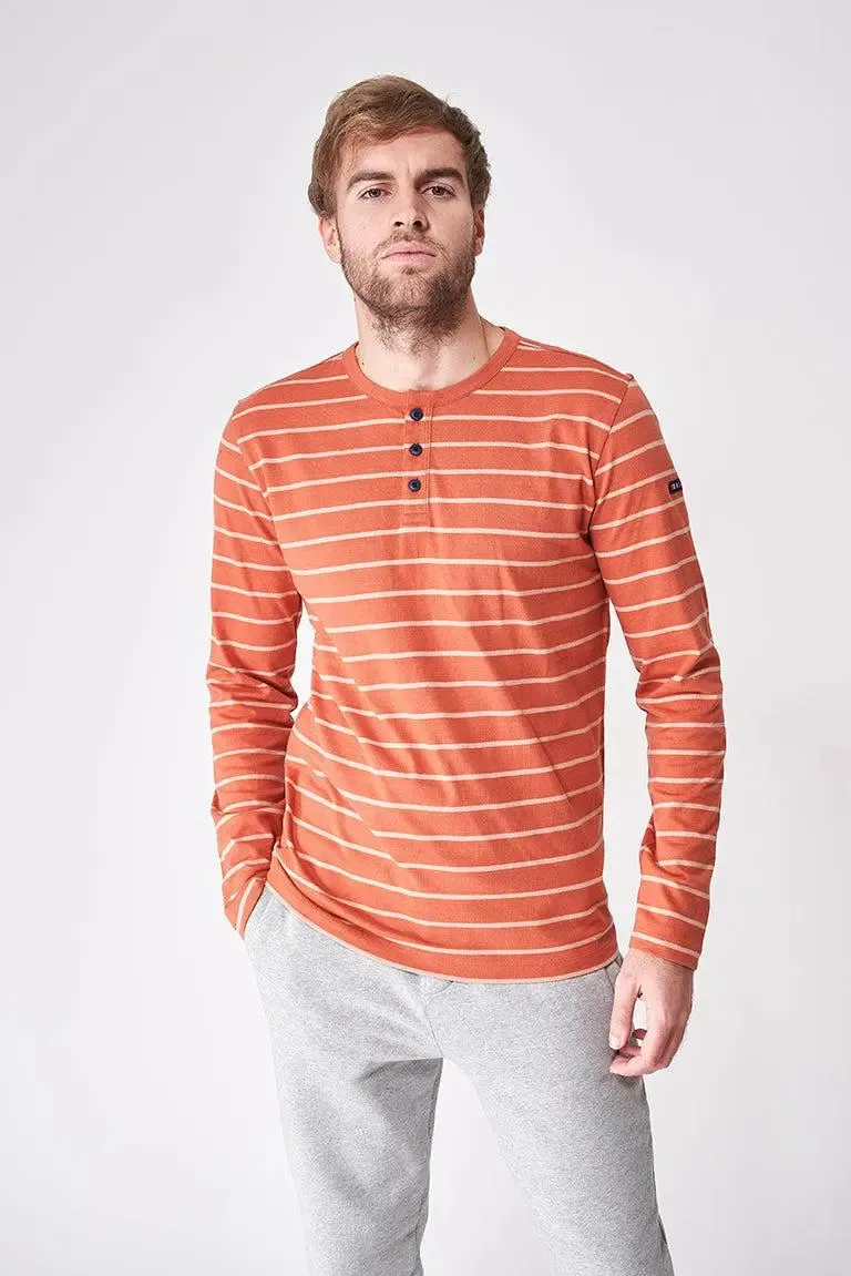 Camiseta a rayas de algodón manga larga con botones - A2174
