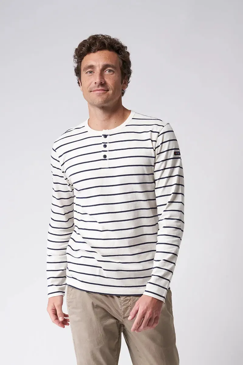 Camiseta a rayas de algodón manga larga con botones - A2174