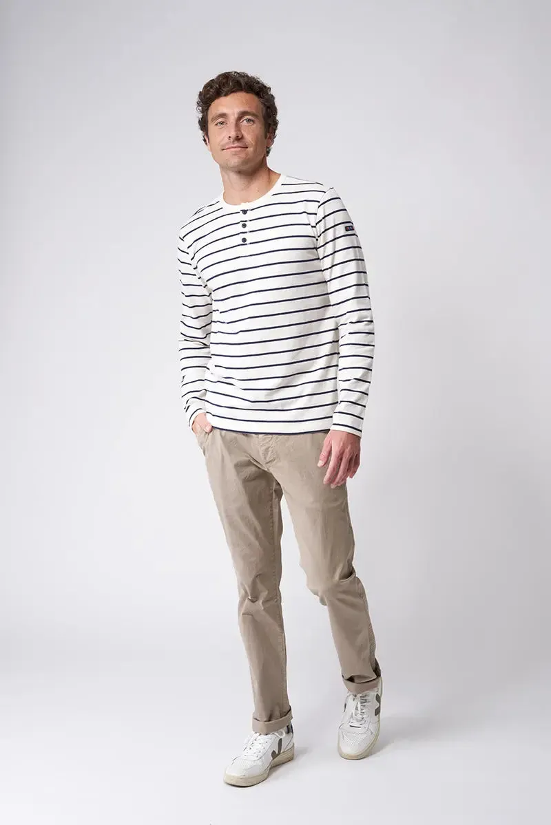 Camiseta a rayas de algodón manga larga con botones - A2174