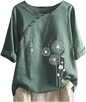 Ceboyel Women 3/4 Sleeve Cotton Linen Tops Dandelion Print Summer Blouses Dressy Causal Tunic Loose Fit Ladies Clothing 2023
