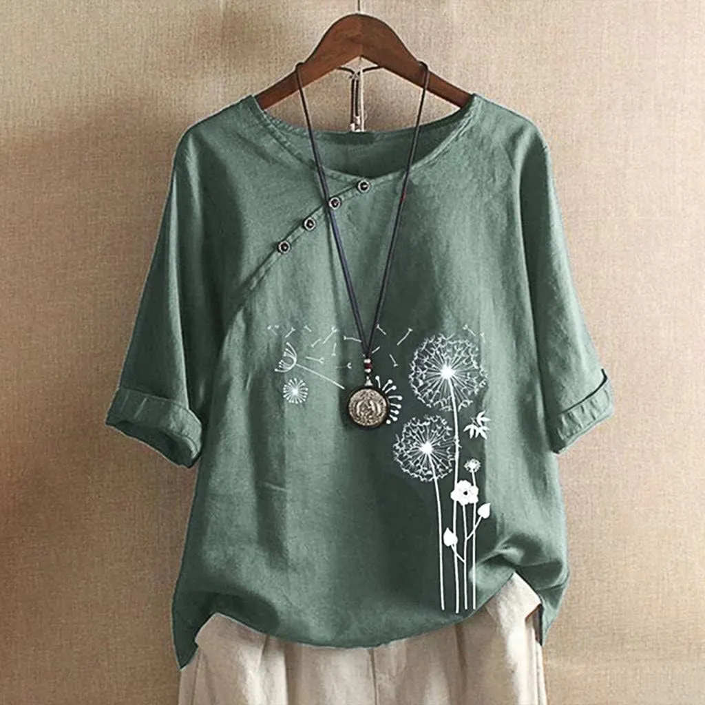 Ceboyel Women 3/4 Sleeve Cotton Linen Tops Dandelion Print Summer Blouses Dressy Causal Tunic Loose Fit Ladies Clothing 2023