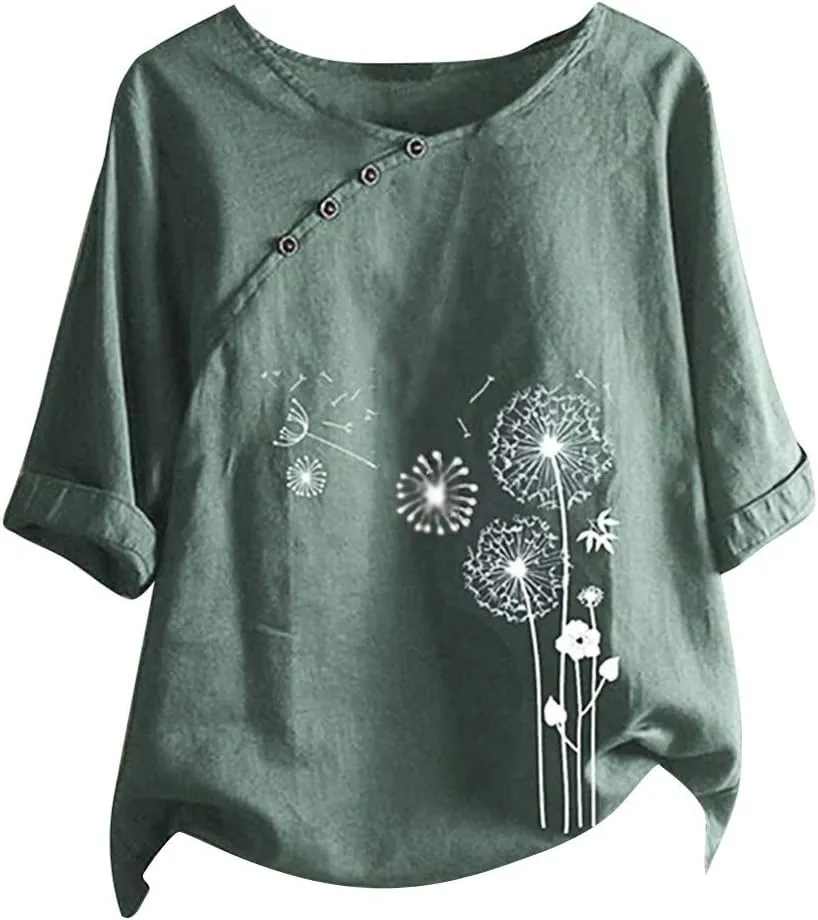 Ceboyel Women 3/4 Sleeve Cotton Linen Tops Dandelion Print Summer Blouses Dressy Causal Tunic Loose Fit Ladies Clothing 2023