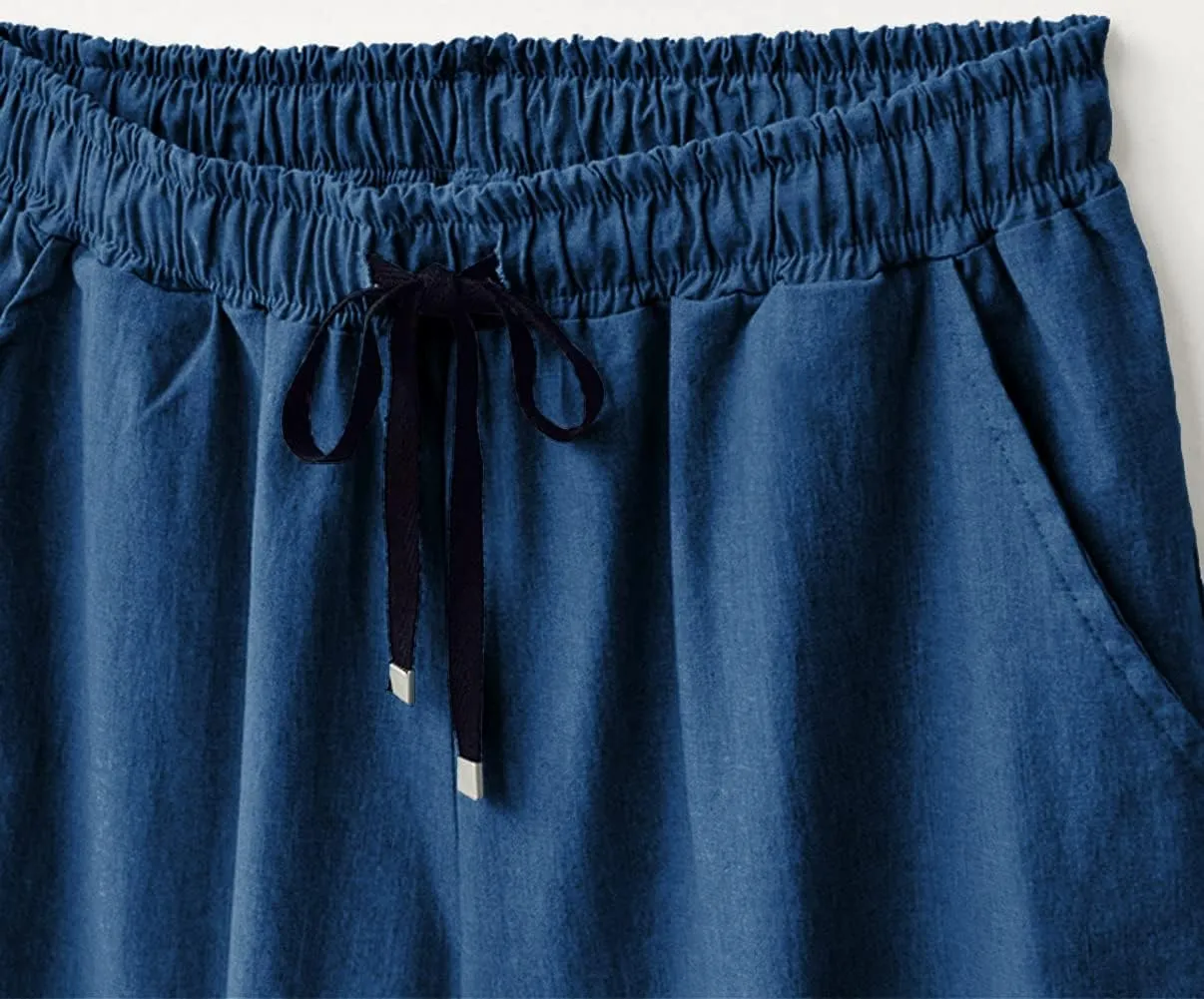 CHARTOU Women Elastic Waist Wide Leg Capris Cropped Denim Pants Jeans Palazzo Culottes with Pocket