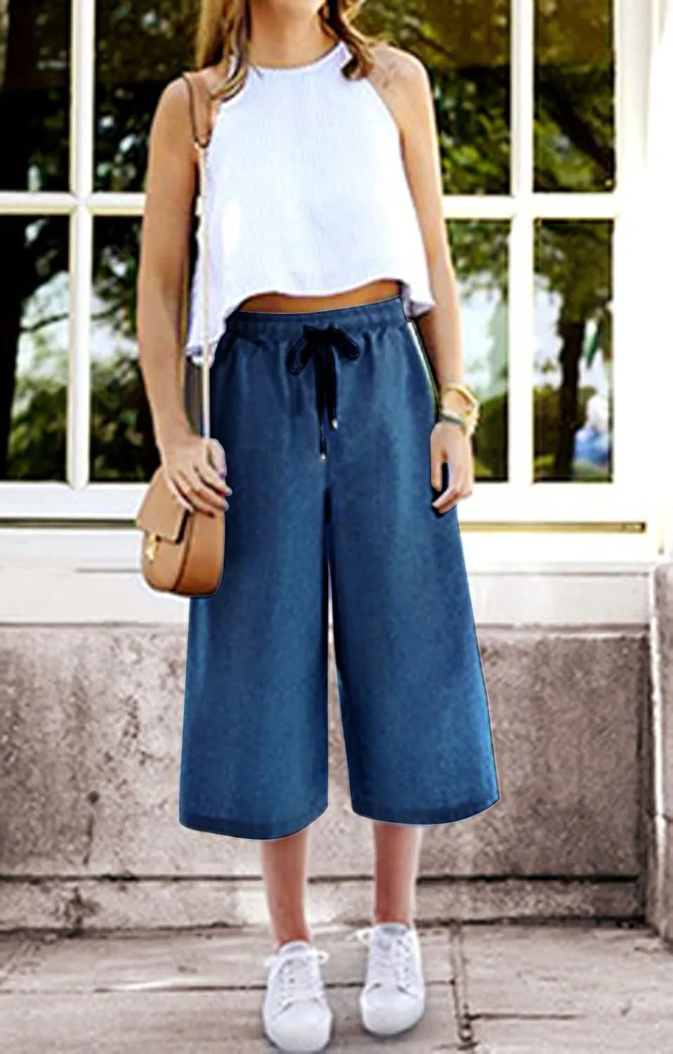 CHARTOU Women Elastic Waist Wide Leg Capris Cropped Denim Pants Jeans Palazzo Culottes with Pocket