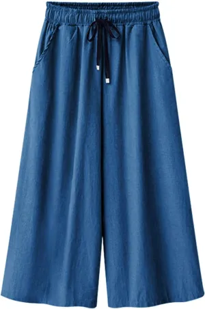 CHARTOU Women Elastic Waist Wide Leg Capris Cropped Denim Pants Jeans Palazzo Culottes with Pocket