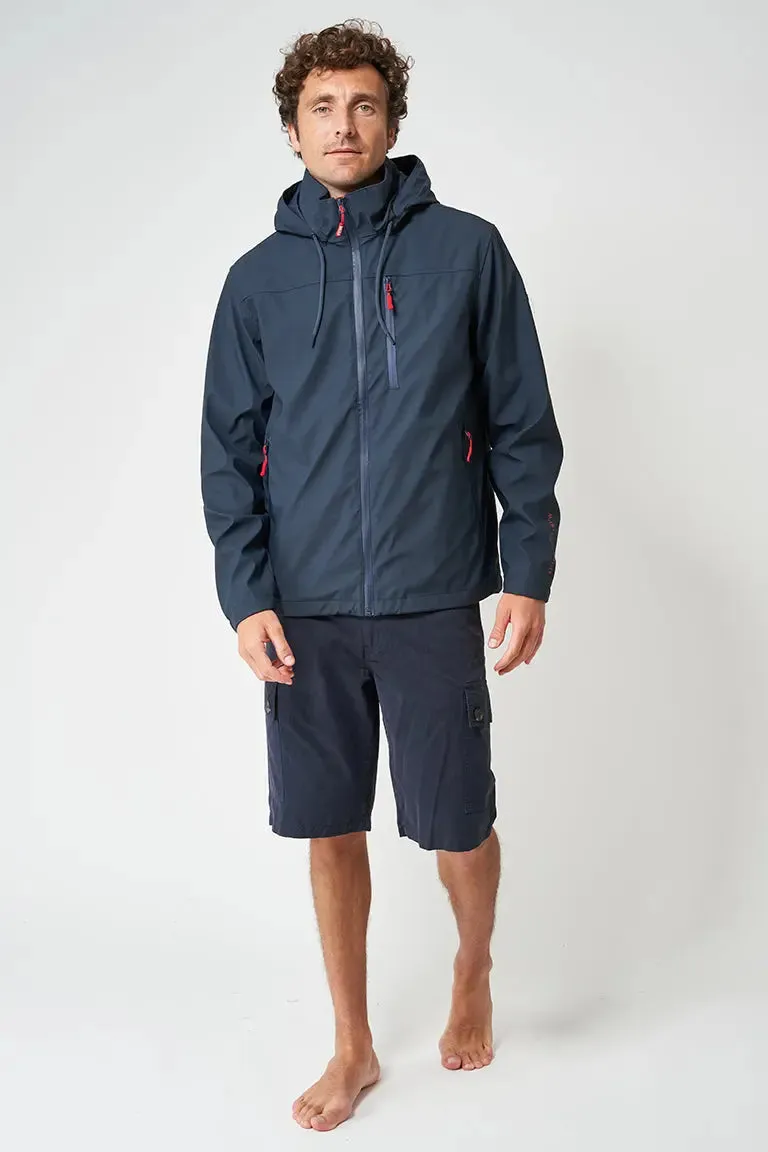 Chubasquero ligero marinero impermeable coordenadas en manga, bolsillo delantero.