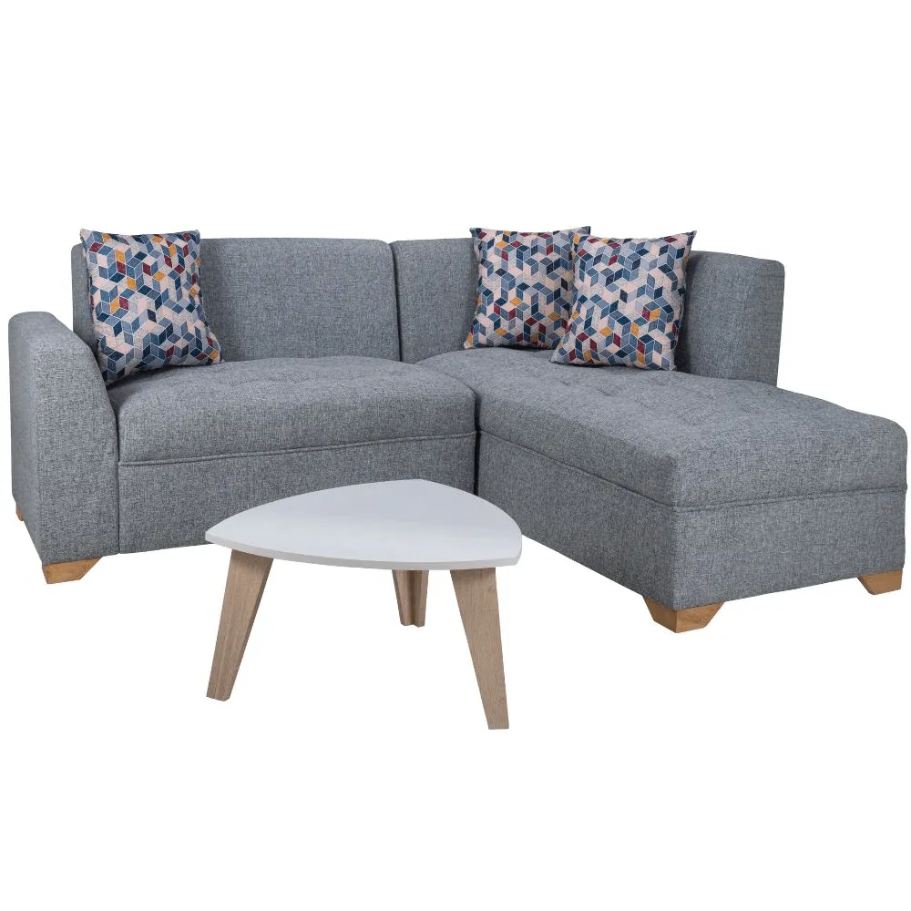 Combo Sofa en L Osaki Tela Gris   Mesa de Centro   3 Cojines Decorativos