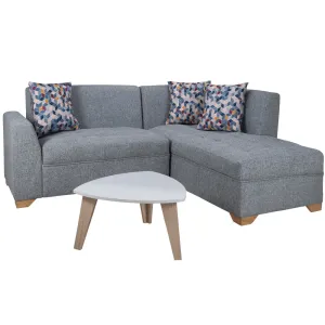 Combo Sofa en L Osaki Tela Gris   Mesa de Centro   3 Cojines Decorativos