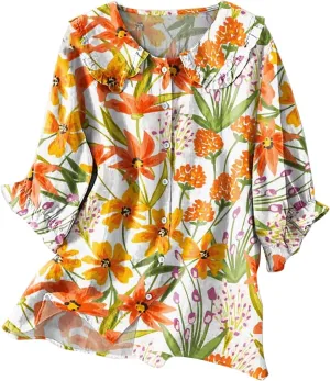 Cotton Linen Shirts for Women 2025 Ethnic Floral Printed Flowy Tops Boho 3/4 Puff Sleeve Button Lapel Gauze Tunics
