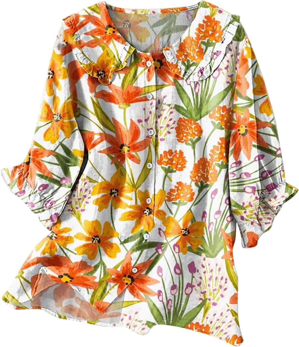 Cotton Linen Shirts for Women 2025 Ethnic Floral Printed Flowy Tops Boho 3/4 Puff Sleeve Button Lapel Gauze Tunics