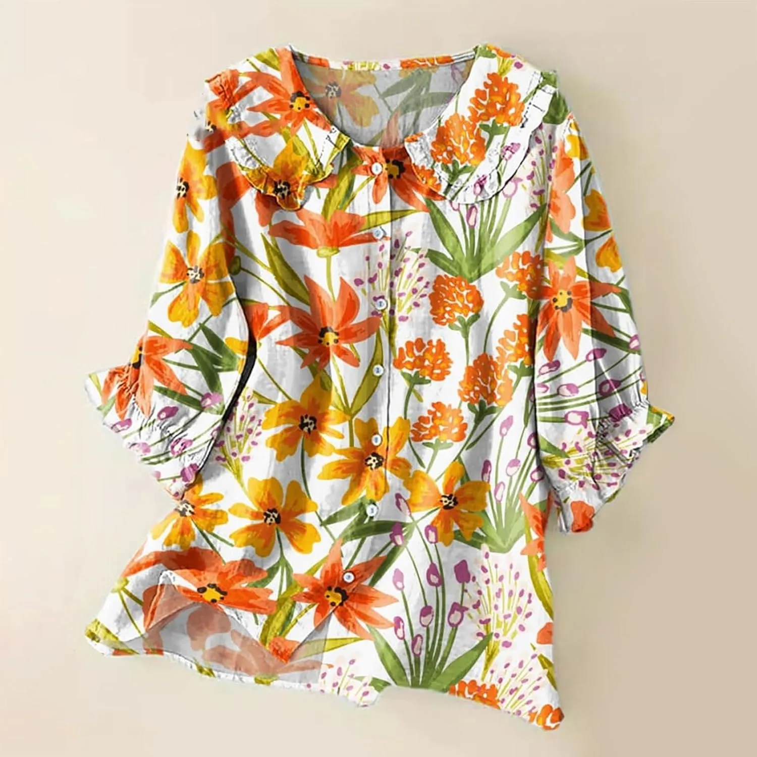 Cotton Linen Shirts for Women 2025 Ethnic Floral Printed Flowy Tops Boho 3/4 Puff Sleeve Button Lapel Gauze Tunics
