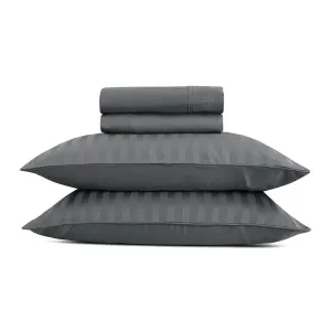 Ensemble de draps : drap-housse, drap plat, taie(s) d'oreiller en satin de coton - tissé Jacquard - dessin Rayure Gris foncé
