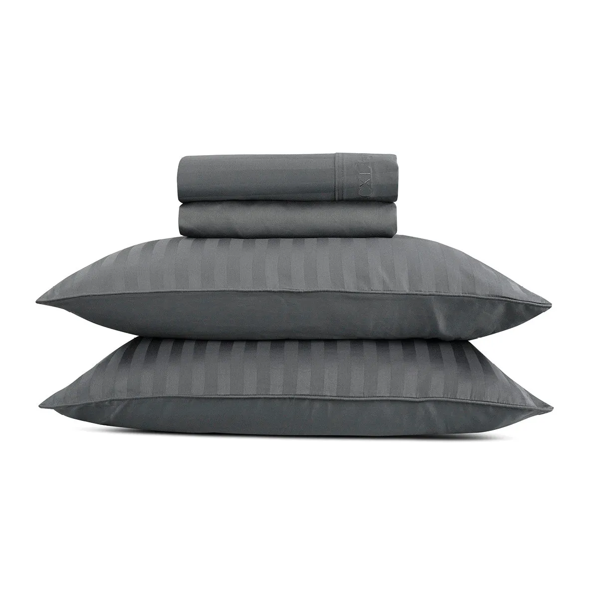 Ensemble de draps : drap-housse, drap plat, taie(s) d'oreiller en satin de coton - tissé Jacquard - dessin Rayure Gris foncé