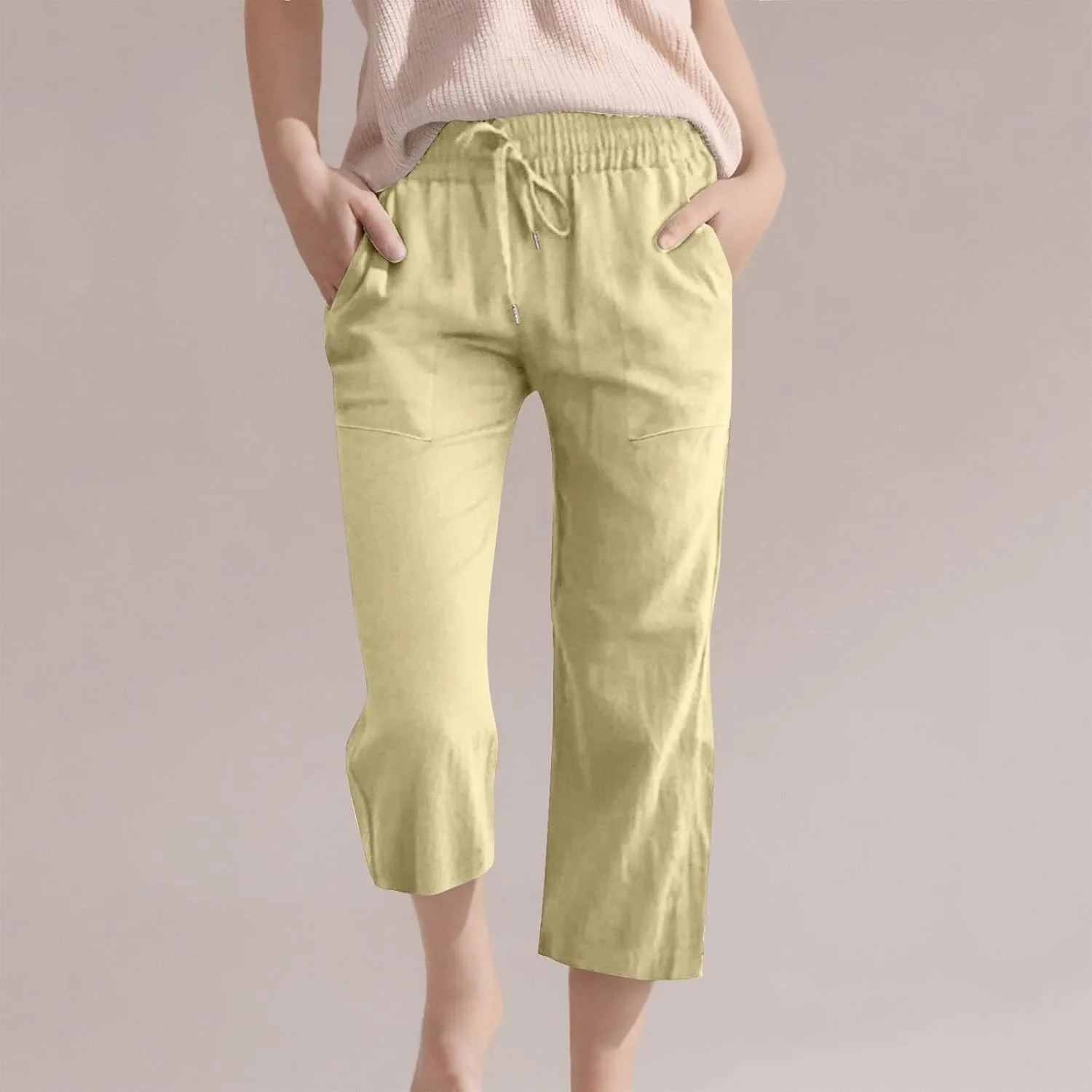 Girls 3/4 Linen Straight Wide Leg Pants Baggy Solid Color High Elastic Waist Trousers Lightweight Pants with Pockets