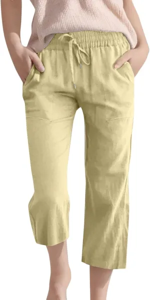 Girls 3/4 Linen Straight Wide Leg Pants Baggy Solid Color High Elastic Waist Trousers Lightweight Pants with Pockets
