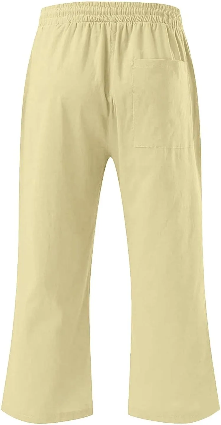 Girls 3/4 Linen Straight Wide Leg Pants Baggy Solid Color High Elastic Waist Trousers Lightweight Pants with Pockets