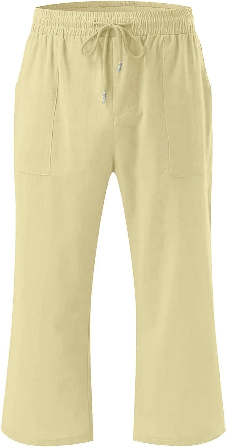 Girls 3/4 Linen Straight Wide Leg Pants Baggy Solid Color High Elastic Waist Trousers Lightweight Pants with Pockets