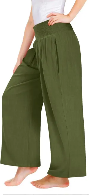 Girls Linen Palazzo Straight Wide Leg Pants High Elastic Waist Casual Trousers Summer Beach Travel (Grey, 120)