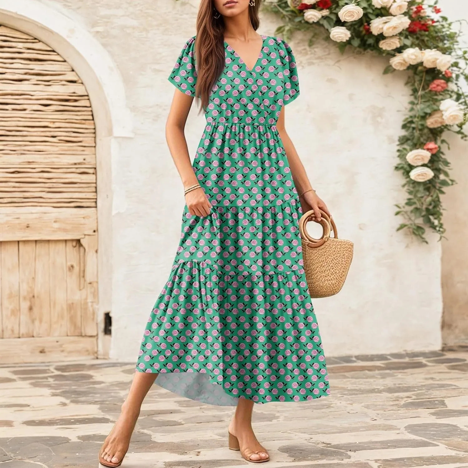 Graduation Dresses for Women 2025 Bell Short Sleeve Garden Party Dress Elegant Long Flowy Tiered Dress