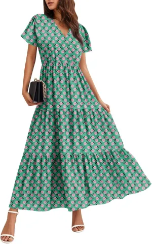 Graduation Dresses for Women 2025 Bell Short Sleeve Garden Party Dress Elegant Long Flowy Tiered Dress