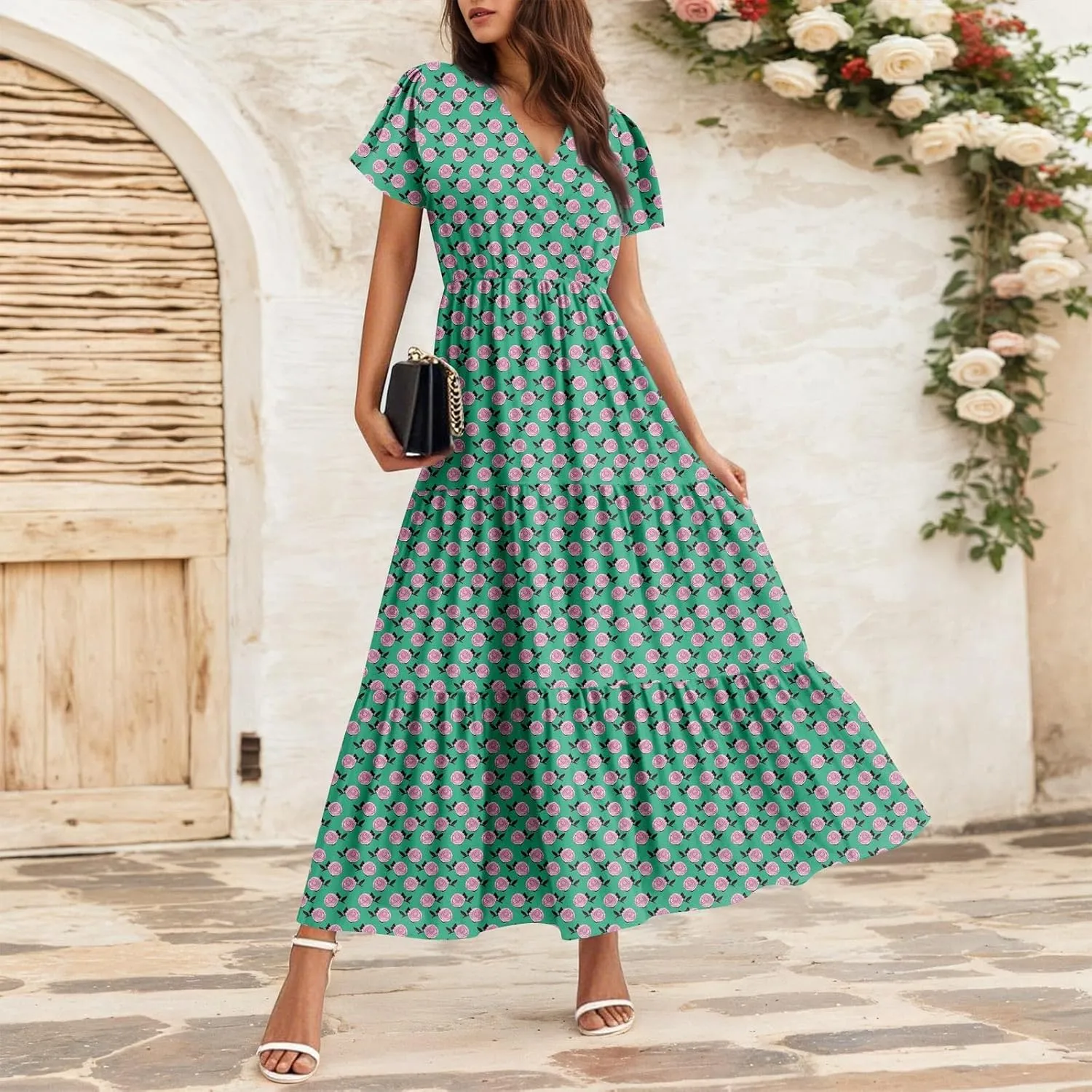 Graduation Dresses for Women 2025 Bell Short Sleeve Garden Party Dress Elegant Long Flowy Tiered Dress