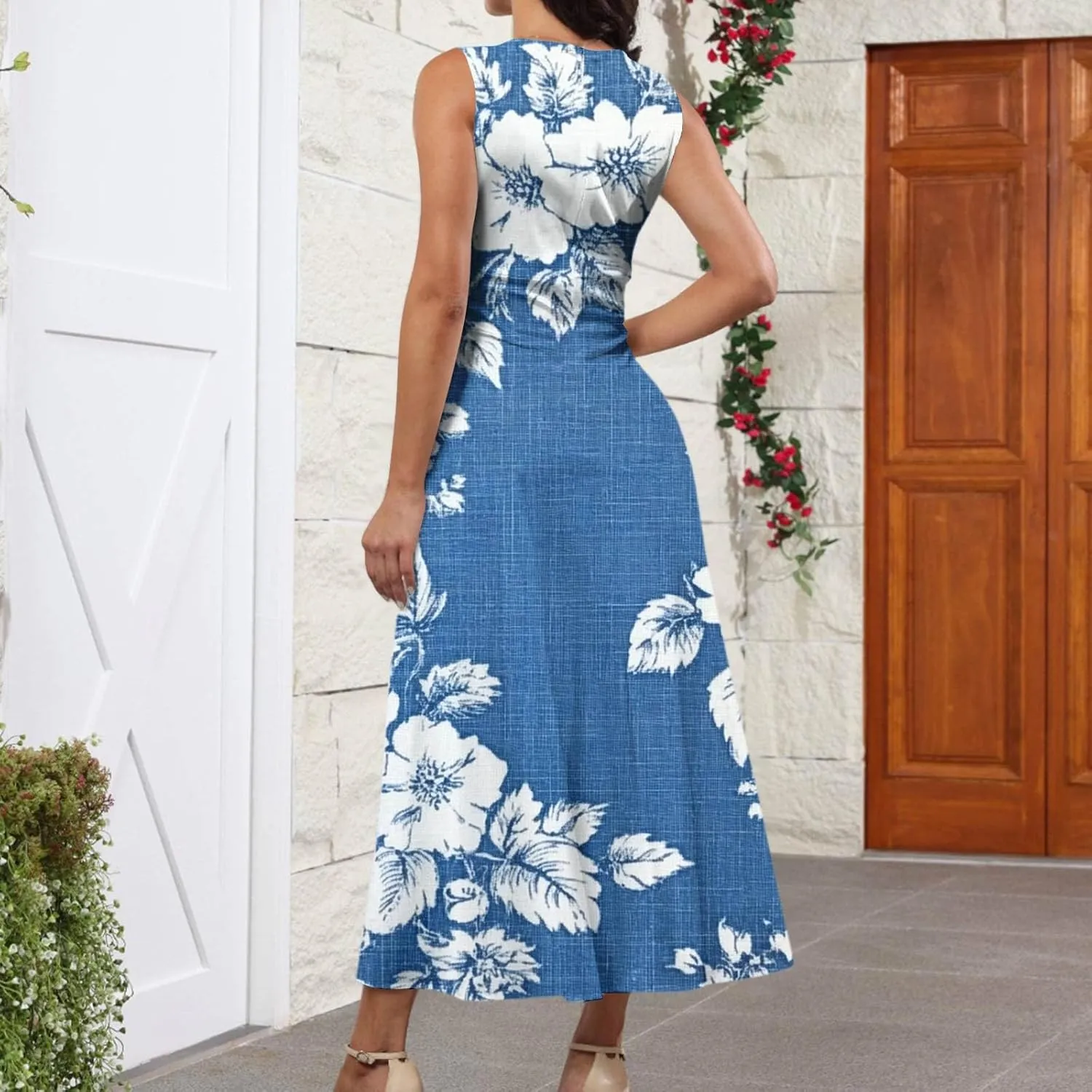 Hawaiian Dresses for Women Luau Party Summer Floral Sleeveless Sundress Sexy V Neck Cinched Waist Long Dress