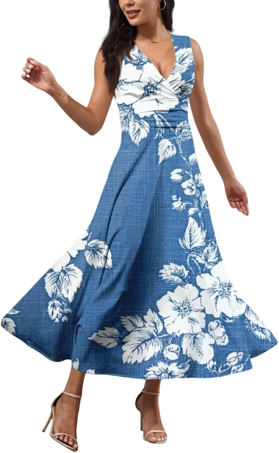 Hawaiian Dresses for Women Luau Party Summer Floral Sleeveless Sundress Sexy V Neck Cinched Waist Long Dress