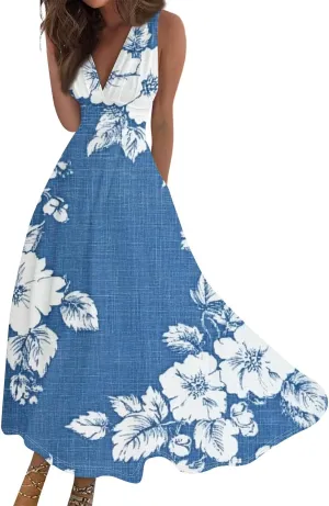Hawaiian Dresses for Women Luau Party Summer Floral Sleeveless Sundress Sexy V Neck Cinched Waist Long Dress