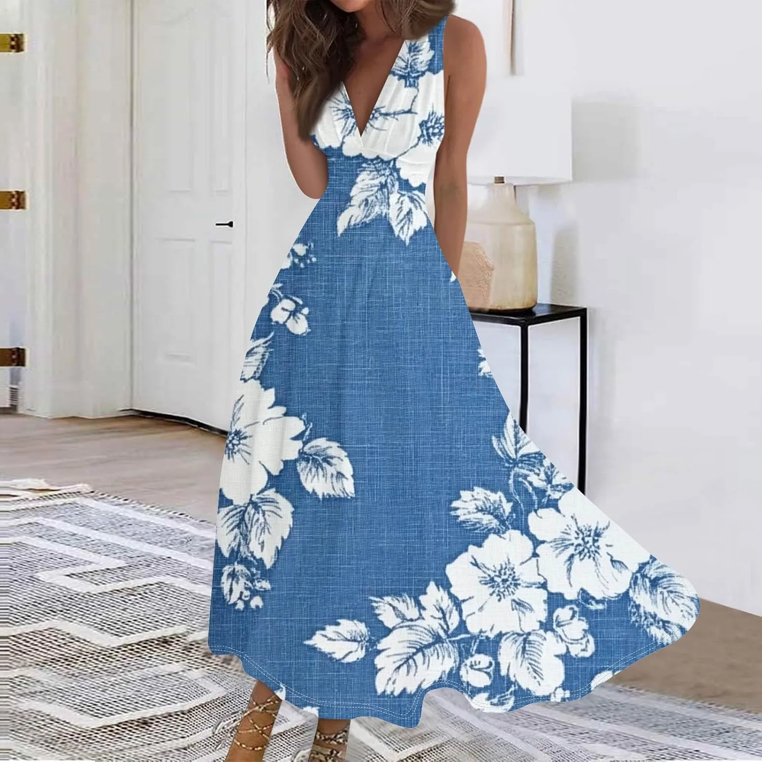 Hawaiian Dresses for Women Luau Party Summer Floral Sleeveless Sundress Sexy V Neck Cinched Waist Long Dress
