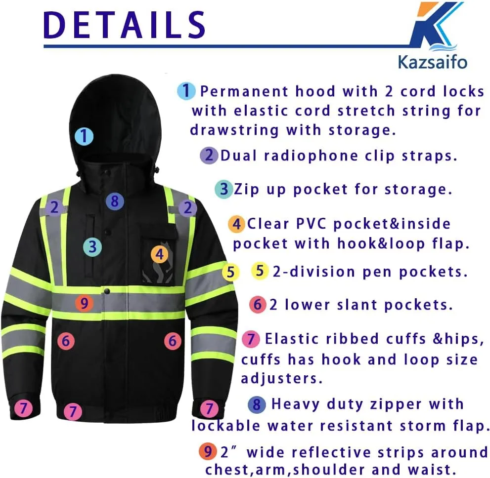 Hi Vis Safety Jacket for Men Women Waterproof Reflective High Visibility Winter Bomber Construction Work Jacket for Men with Pockets(KZJ-Black-3XL)