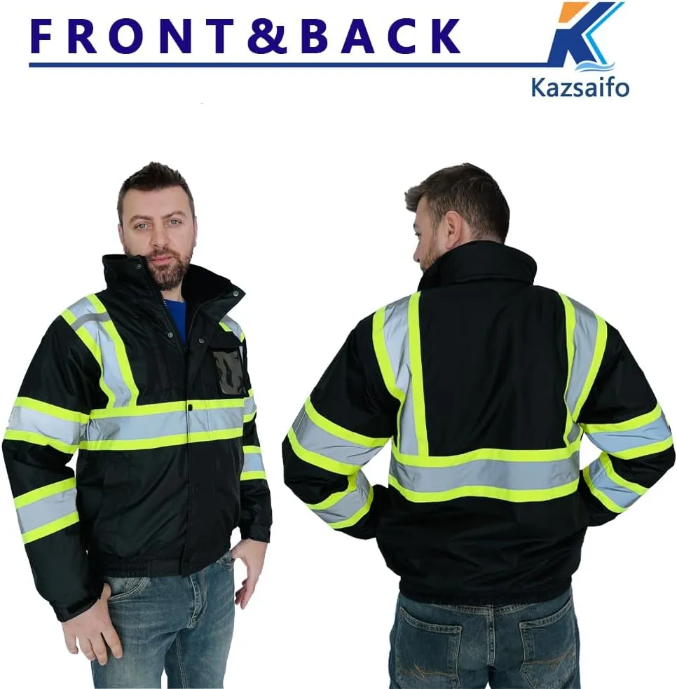 Hi Vis Safety Jacket for Men Women Waterproof Reflective High Visibility Winter Bomber Construction Work Jacket for Men with Pockets(KZJ-Black-3XL)
